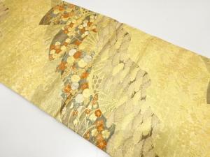 霞取りに扇・草花模様織り出し　袋帯